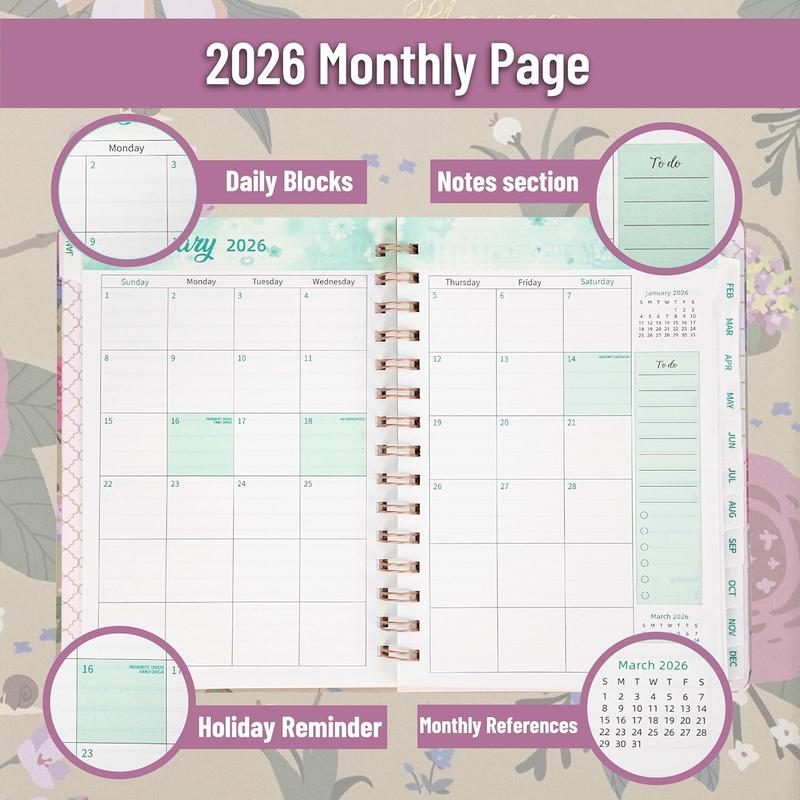 2026 Planner, Weekly and Monthly Calendar Planner for Women, Jan 2026 - Dec 2026, Hardcover Planning Agenda book, Spiral Bound, Inner Pocket, 6.3" x 8.5"