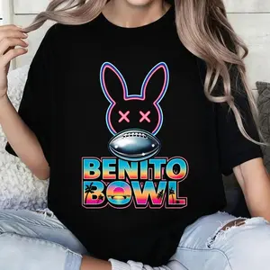 100% pure cotton Black T Shirt With Neon Bunny And Football Benito Bowl Print For Casual Wear 5U5