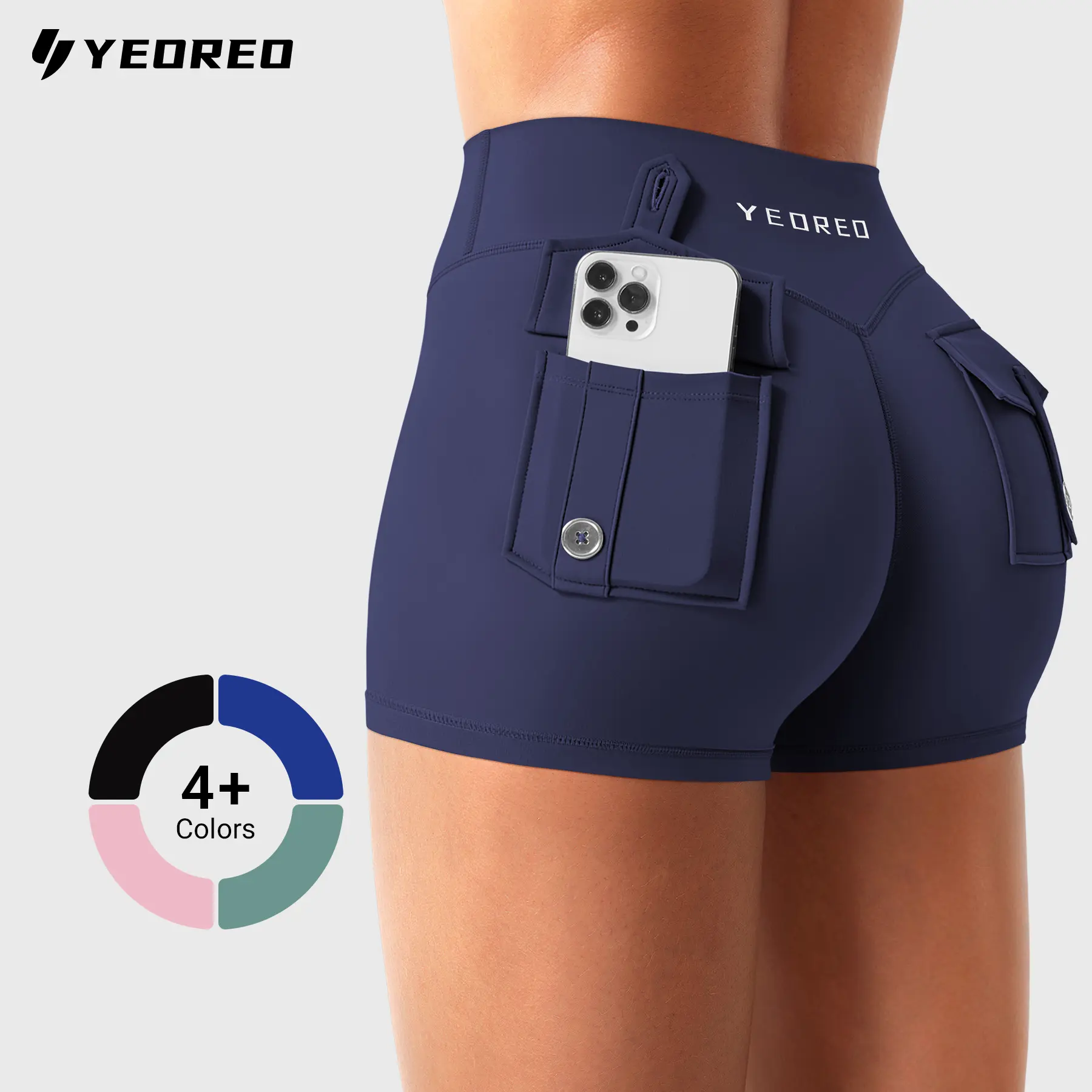 YEOREO CoreFlex Women's Athletic Shorts - Low Rise, Hidden Scrunch Butt Lifting, 2.5" Bumshort for Ladies, Cargo Pockets, No Padding Performance Stretch Clothes for Women, Lower Body Workout, Sporty Chic