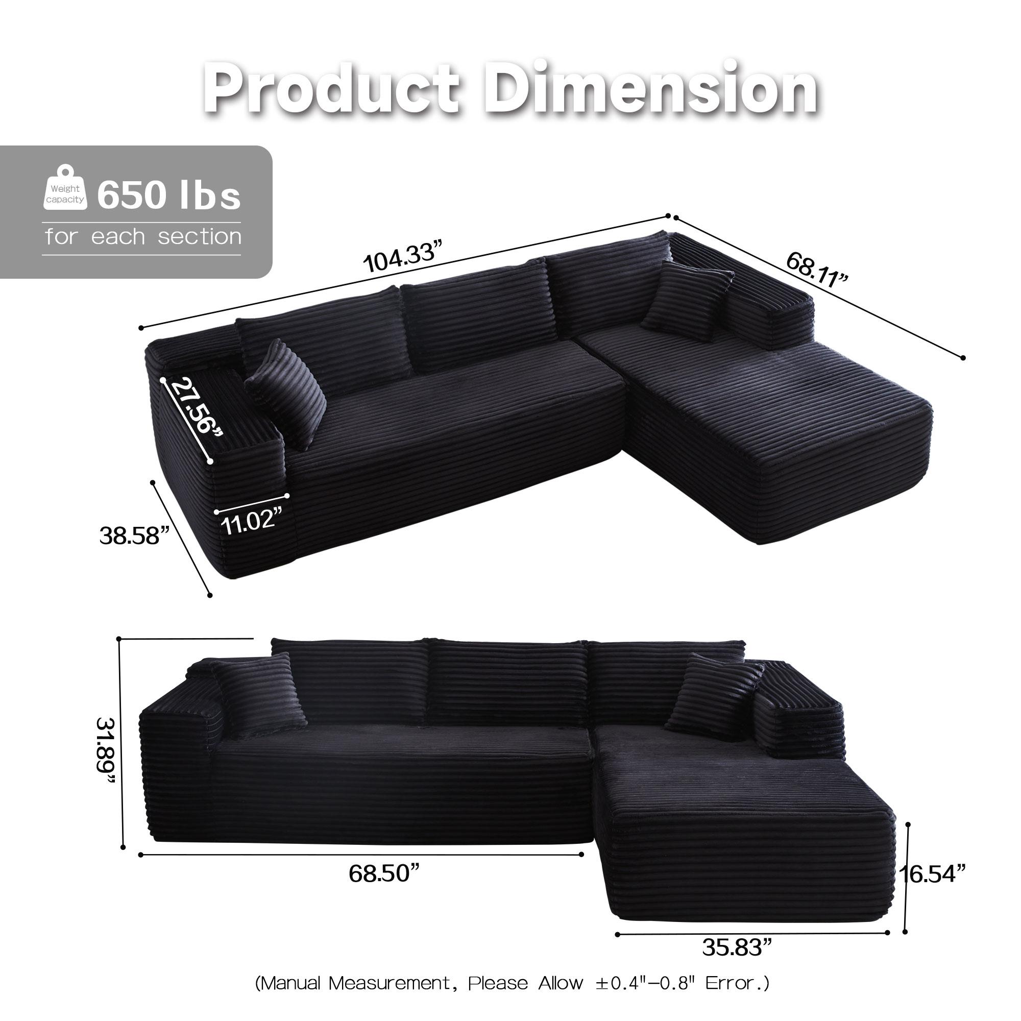 【2 Packages Shipping】Ovios 106" Plush Corduroy Cloud Velvet Modular Boneless Couch with Chaise & Ottoman, No Assembly Required - L/U-Shaped Sectional Sofa Set with Flexible Configuration - 107"W x 69.5"D x 30"H, 3 Seater