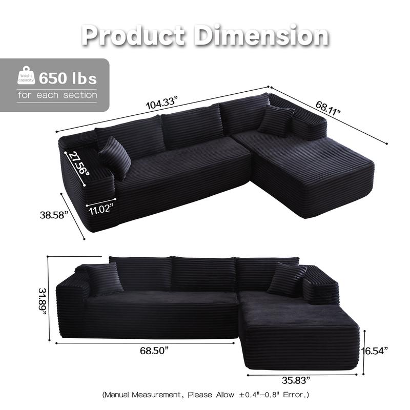 【2 Packages Shipping】Ovios 106" Plush Corduroy Cloud Velvet Modular Boneless Couch with Chaise & Ottoman, No Assembly Required - L/U-Shaped Sectional Sofa Set with Flexible Configuration - 107"W x 69.5"D x 30"H, 3 Seater 【2 Packages Shipping】Ovios 106" Plush Corduroy Cloud Velvet Modular Boneless Couch with Chaise & Ottoman, No Assembly Required - L/U-Shaped Sectional Sofa Set with Flexible Configuration - 107"W x 69.5"D x 30"H, 3 Seater