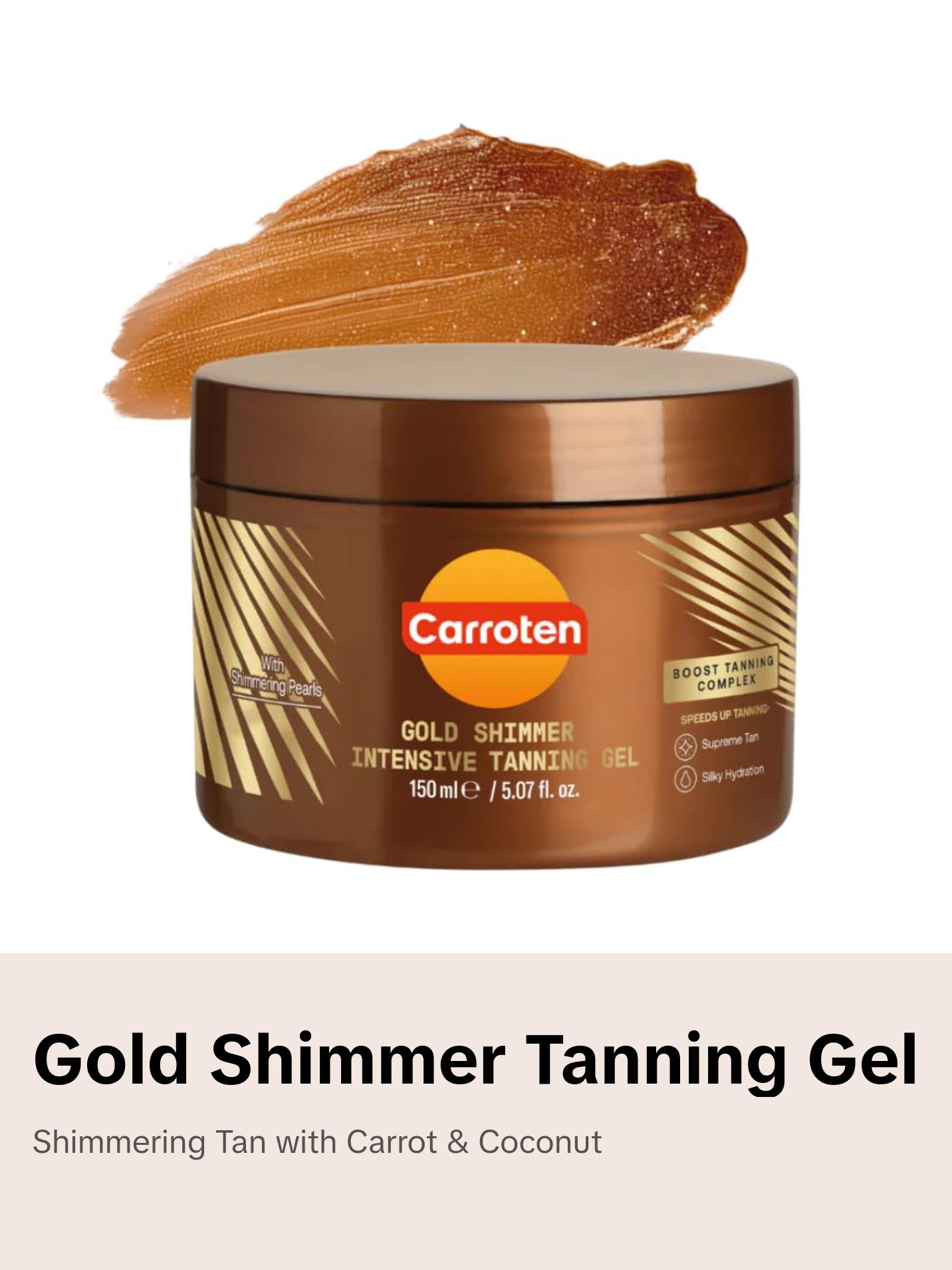 Carroten Gold Shimmer Tanning Gel | Bronzing Tan Accelerator | Non-Greasy, Water-Resistant with Carrot & Coconut Oil | Vitamin A & E For Moisture & Hydration | Made in Greece | 5 Fl Oz Carroten Gold Shimmer Tanning Gel | Bronzing Tan Accelerator | Non-Greasy, Water-Resistant with Carrot & Coconut Oil | Vitamin A & E For Moisture & Hydration | Made in Greece | 5 Fl Oz