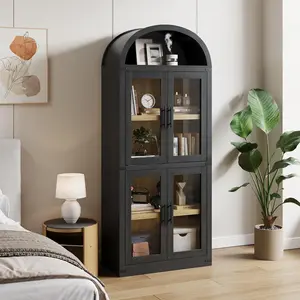 Arched 6-Shelf Bookcase with Glass Doors, Modern Wooden Display Cabinet with Storage Shelves for Books, Décor and Collectibles