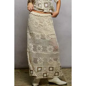 POL Floral Crochet Ruffled Waistband Maxi Skirt with Granny Square Weave