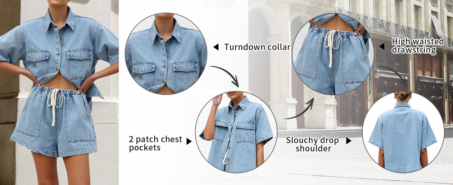 Chouyatou Women's Summer Denim Shirt and Shorts Two-Piece Set Short-Sleeve Button-Down Shirt with Elastic Waist Wide-Leg Shorts Casual Outfit