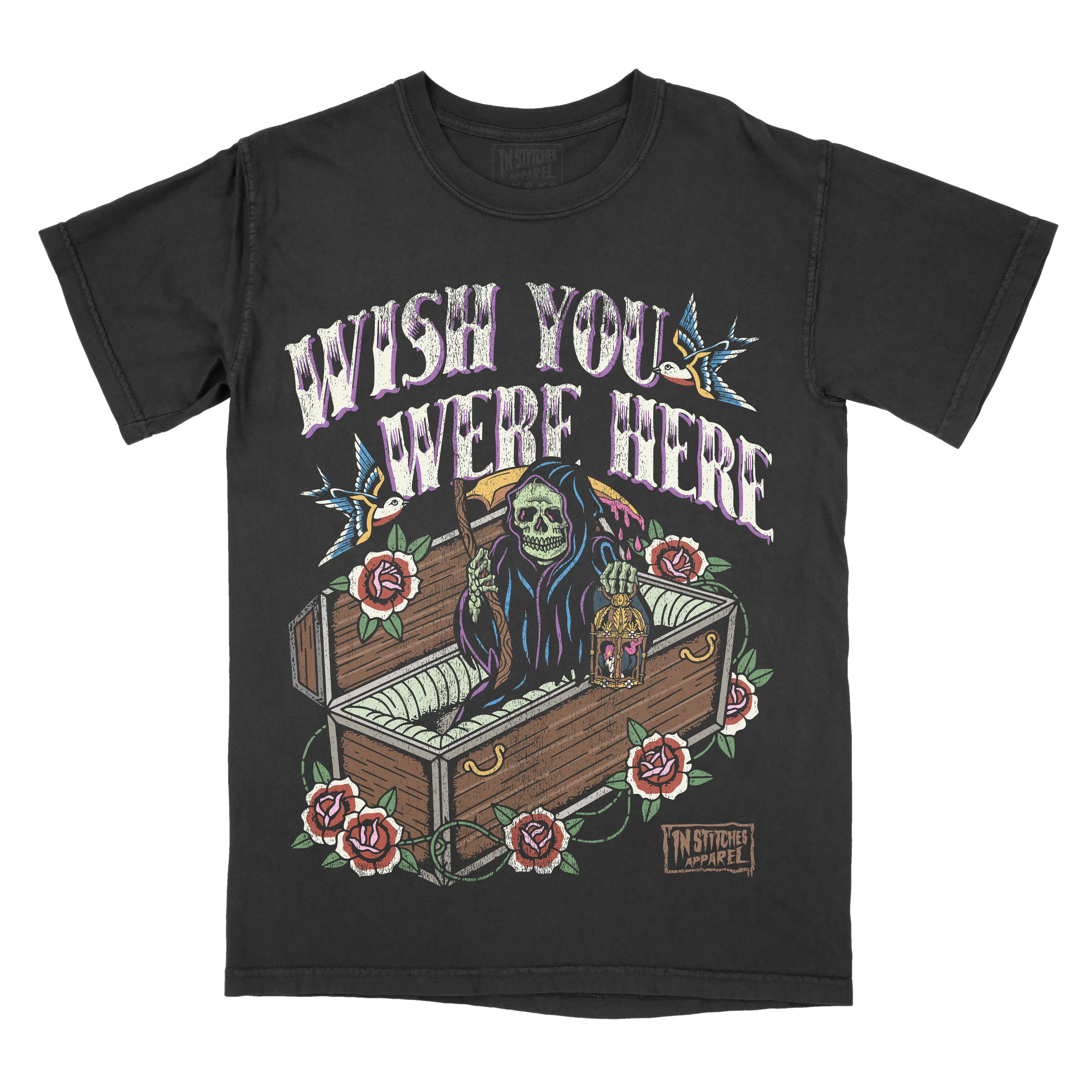Wish You Were Here Comfort Colors Unisex T-shirt Gothic Alternative Fashion Grim Reaper Top Tshirt Streetwear Short sleeve Printed Graphic Tee Cotton Alt Goth