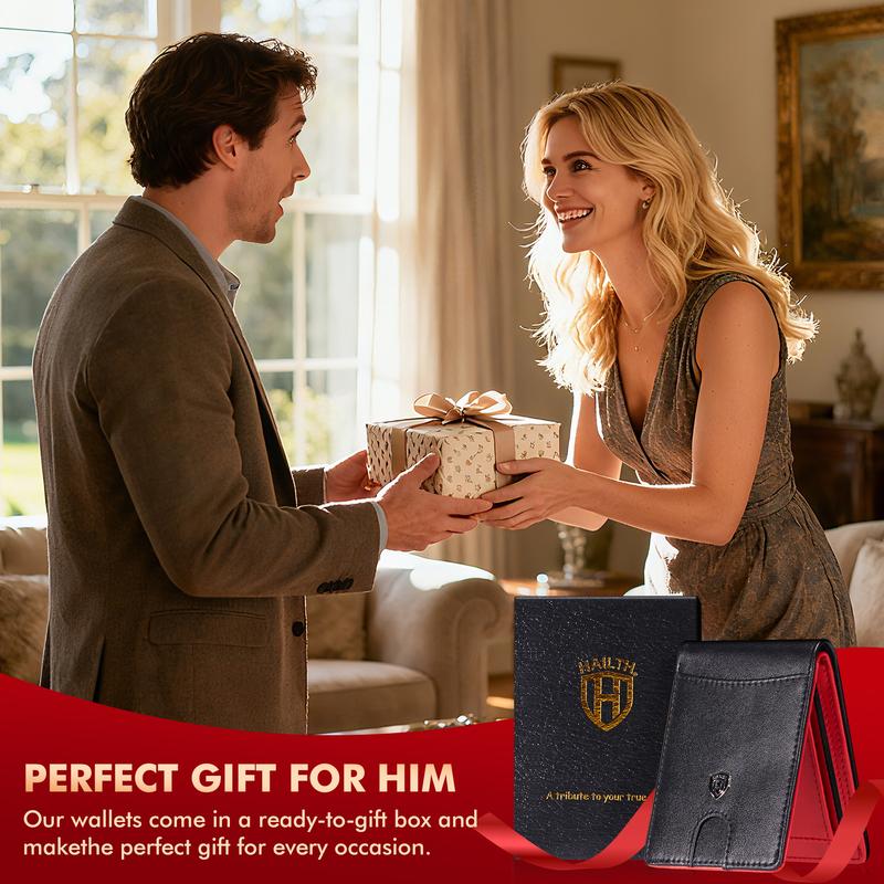 HAILTH Men's RFID Blocking Slim Bifold Leather Wallet - Top Layer Cowhide, 12 Card Slots with Concealed ID Window, 0.8'' Ultra-Thin Front Pocket Design, Premium Gift Box Packaging - Great for Father's Day, Daily Carry & Back to School