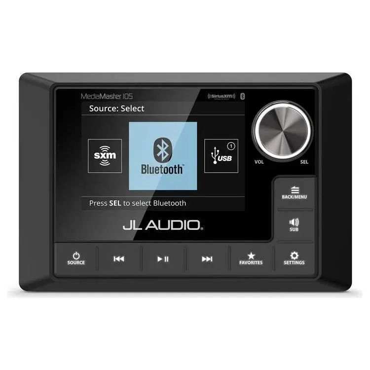 JL Audio MediaMaster 105 Marine 4-Zone Digital Media Receiver with Bluetooth, Wiring Harness, 12-Channel 4-Volt Preamp Outputs, Remote, LCD Display, Bluetooth AptX, Trim-Ring, RDS, Qualcomm Aptx®