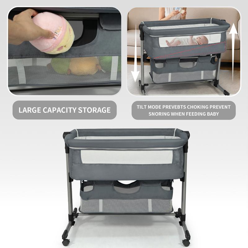 Baby Bassinet Bedside Crib Sleeper, Rocking Bassinet with Breathable Mesh Mattress Mosquito Net Adjustable Height Storage Net Bag Wheels Easy Folding Portable Bed for Infant Newborn