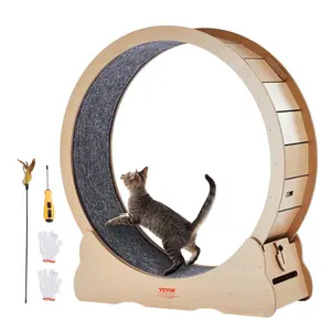 VEVOR Wooden Cat Exercise Wheel,  , 43.3" Large Cat Treadmill Wheel for Indoor Cats, Cat Running Wheel with Detachable Carpet & Cat Teaser for Running/Walking/Training, Suitable for Most Cats Yellow
