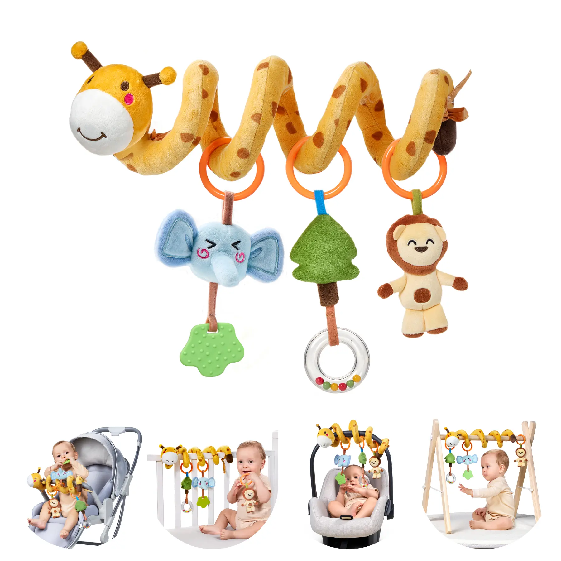 Tumama Unisex Giraffe Spiral Plush Baby Toy Set - 3 Month Baby Stuff, Interactive Sensory Activity Toy with Rattle, Textured Shapes, Bright Fabric, Infant Car Seat & Stroller Accessory, Newborn Gift