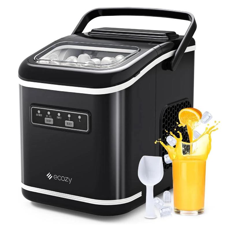 ecozy Countertop Ice Maker, Portable, Self-Cleaning, 9 Bullet Ice Cubes in 6 Mins, 26lbs/24Hrs, Ice Maker Machine with Ice Bags, Handle, Standing Scoop and Basket
