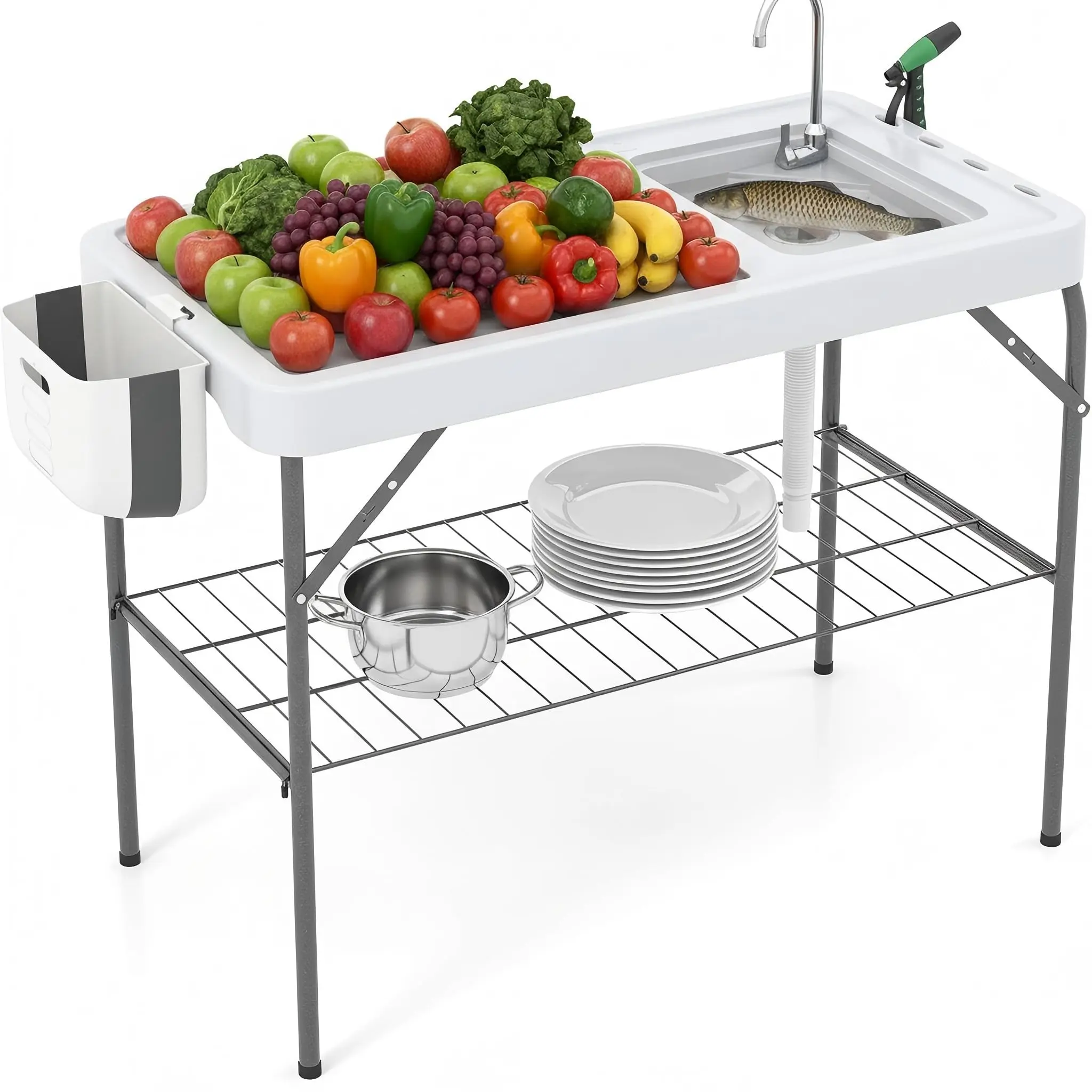 GAOMON Folding Fish Cleaning Table with Sink, Portable Outdoor Fillet Station Camping Sink Table with Faucet, Drainage Hose & Sprayer, Grid Rack for Picnic Fishing Camping