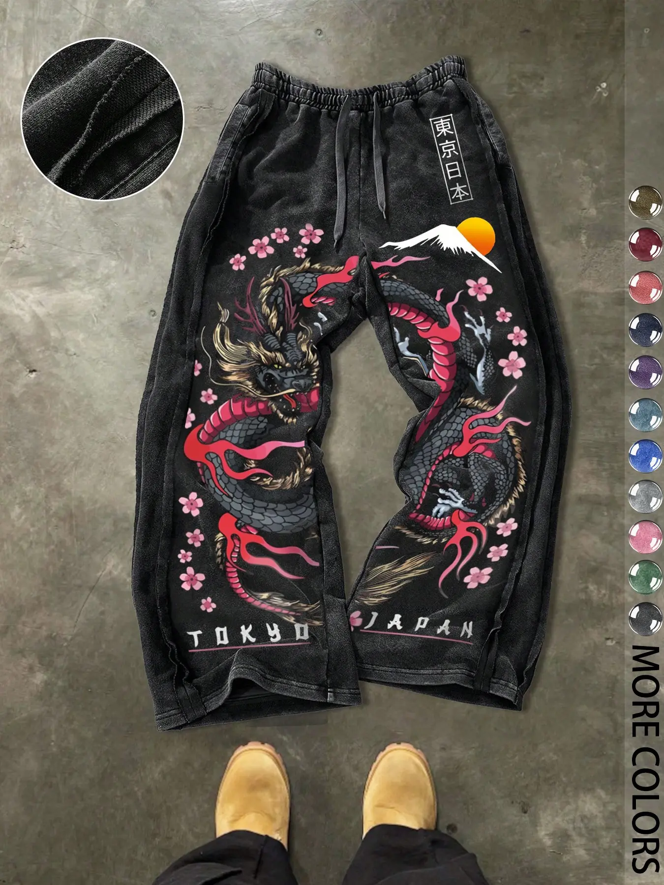 Men's Casual Loose Cotton Sports Pants, Dragon Print, Street Style, Drawstring Waist, Long/regular Length, All Seasons, Ideal Gift, Loose Drape Fashion Adjustable Drawstring Sweatpants
