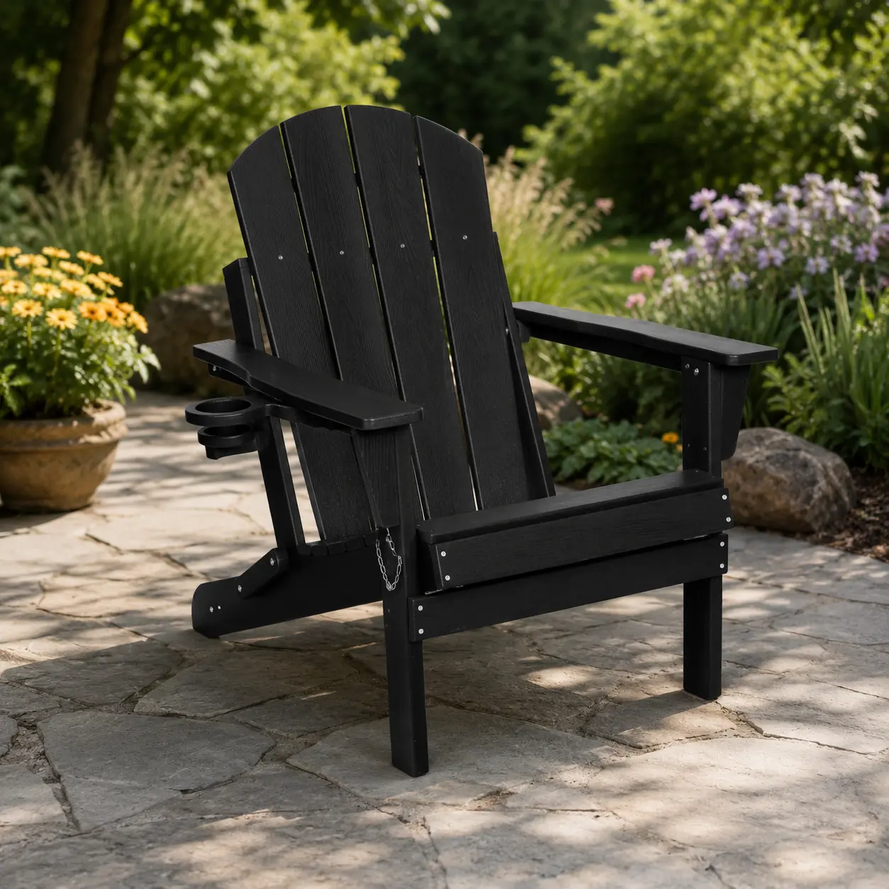 Black Composite Folding Adirondack Chair, Virgin HDPE Wood Textured Outdoor Adirondack Lounge Chair with Dual Integrated Cup Holders, 350 Lbs Weight Capacity Foldable Space Saving Design, Easy Partial Assembly