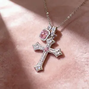 Pink Sugar Cross Women's Necklace 2026 New Item with Cute Pink Metal Plated Artificial Rhinestones 45cm Chain Perfect for Girls' Birthday gifts for girlfriend mom christmas gifts god gift pink Crow Jewelry Accessories Handmade Fashion Accessory