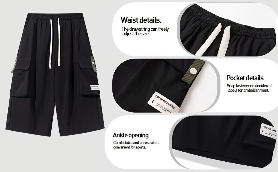 Men's plus size summer work pants - elastic drawstring waist circumference, multiple pockets and letter patches, regular mid waist non elastic fabric, opaque, suitable for daily and casual wear, Father's Day gift casual pants for summer