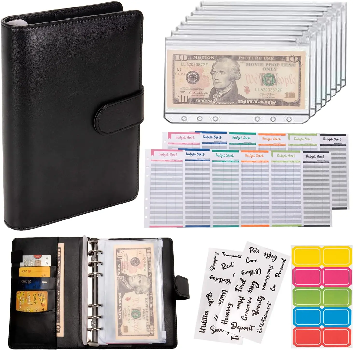 Summer Spring Gift Budget Binder Cash Envelopes A6 Money Saving Binder with Zipper envelopes (Black)