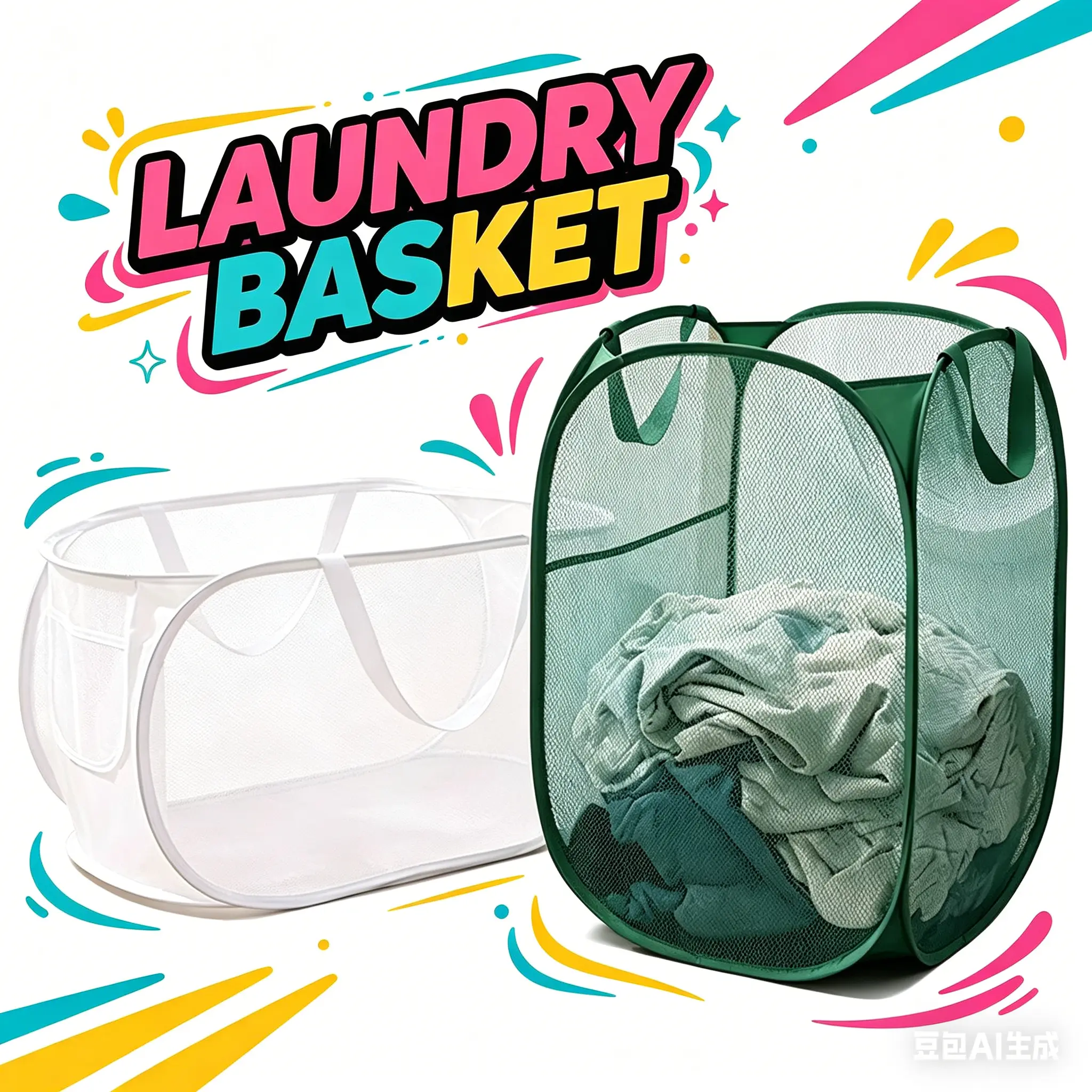 2 Mesh Foldable Pop-Up Laundry Baskets - Breathable, Durable, Compact Home Organizer for Household, Travel Storage Needs