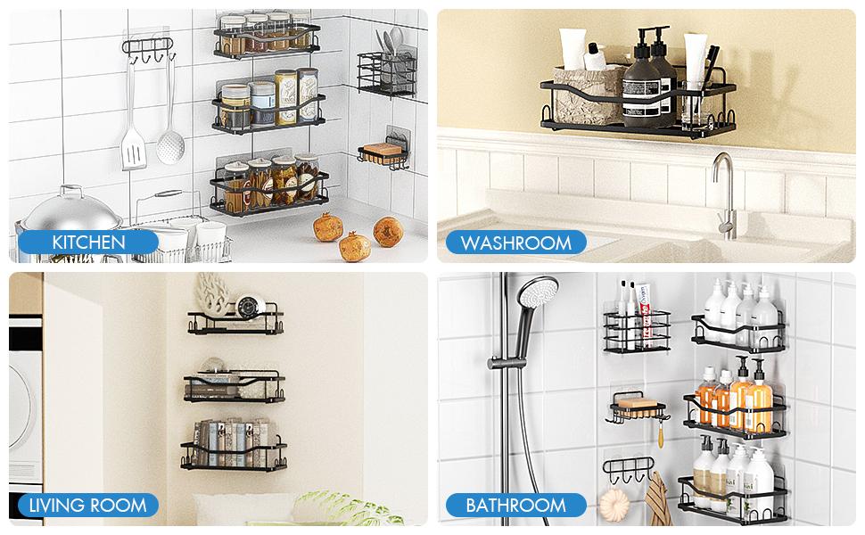 6 Pack Shower Caddy Shelf Bathroom Shower Organizer Rack No Drilling Multifunctional Organizer,Self Adhesive Black Bathroom Shelves Basket For Holding Shampoo Soap Bathroom Toilet
