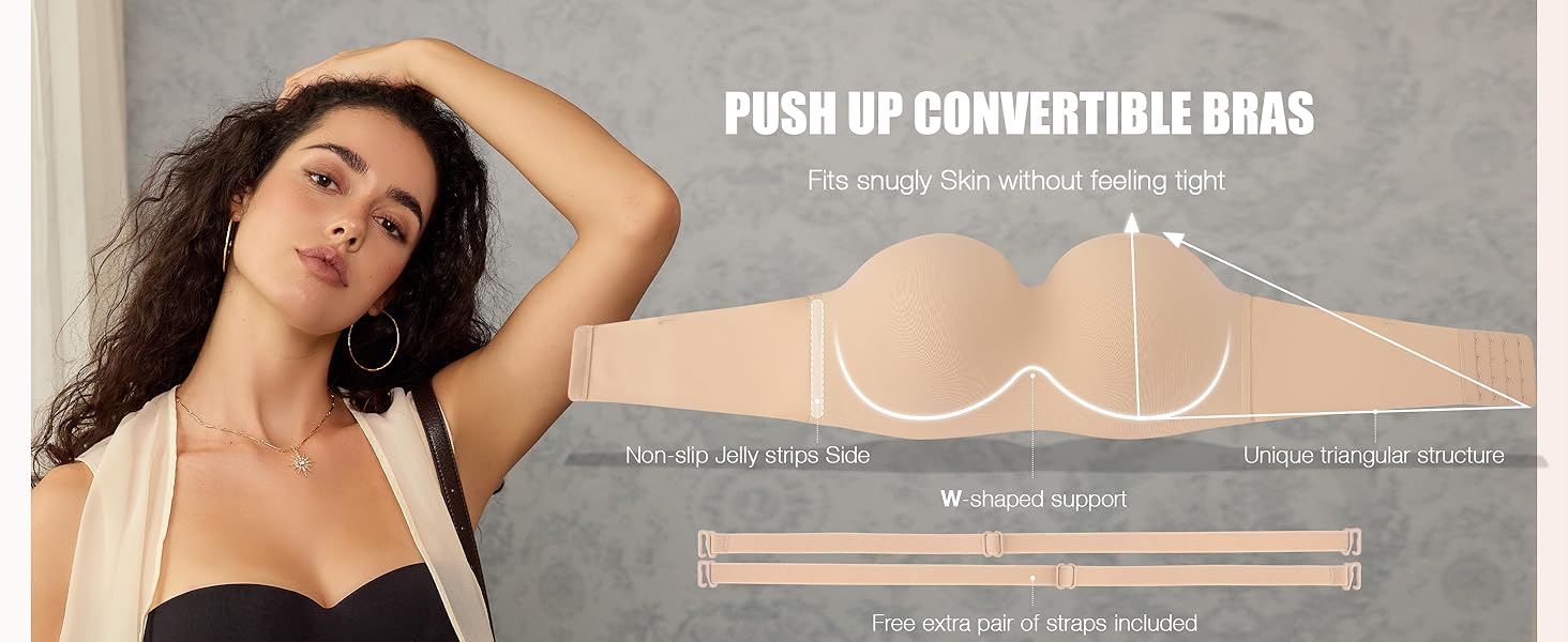 OEAK Womens Strapless Bras Wireless Underwire Non-Slip Tube Top Push Up Bralette Seamless Padded Bandeau Bra