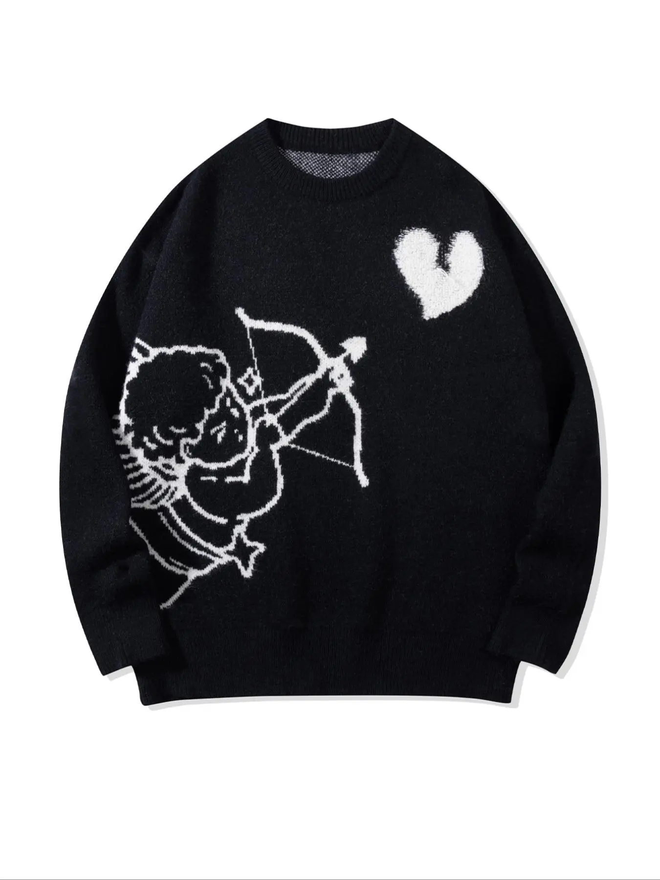 Men's Angel & Heart & Letter Print Drop Shoulder Sweater Pullover Knitwear Tops, Graphic Menswear Top, Casual Loose Baggy Soft Comfy Textured Fabric Long Sleeve Round Neck Jumper for Spring & Fall, Fashion Men's Clothes for Daily Wear