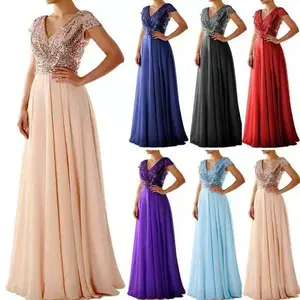 Spr and Summer Women's Sleeveless Dress V-neck Sequins Elegant Chiffon Stitch Even Dress Formal Womenswear
