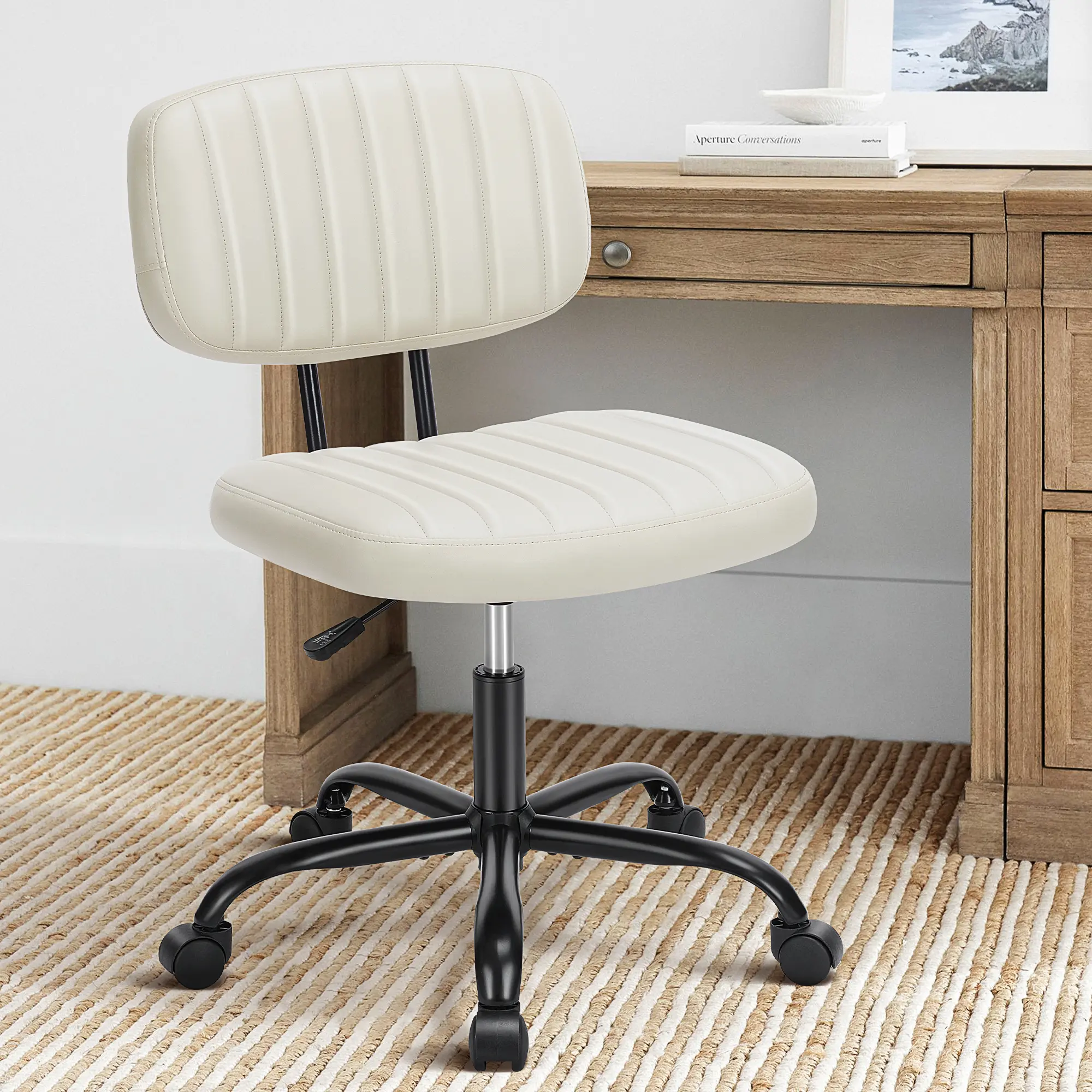 Furnest Compact Office Chair Height Adjustable Rolling Swivel Desk Chair with PU Leather, Armless Task Chair for Small Spaces, Home, Bedroom