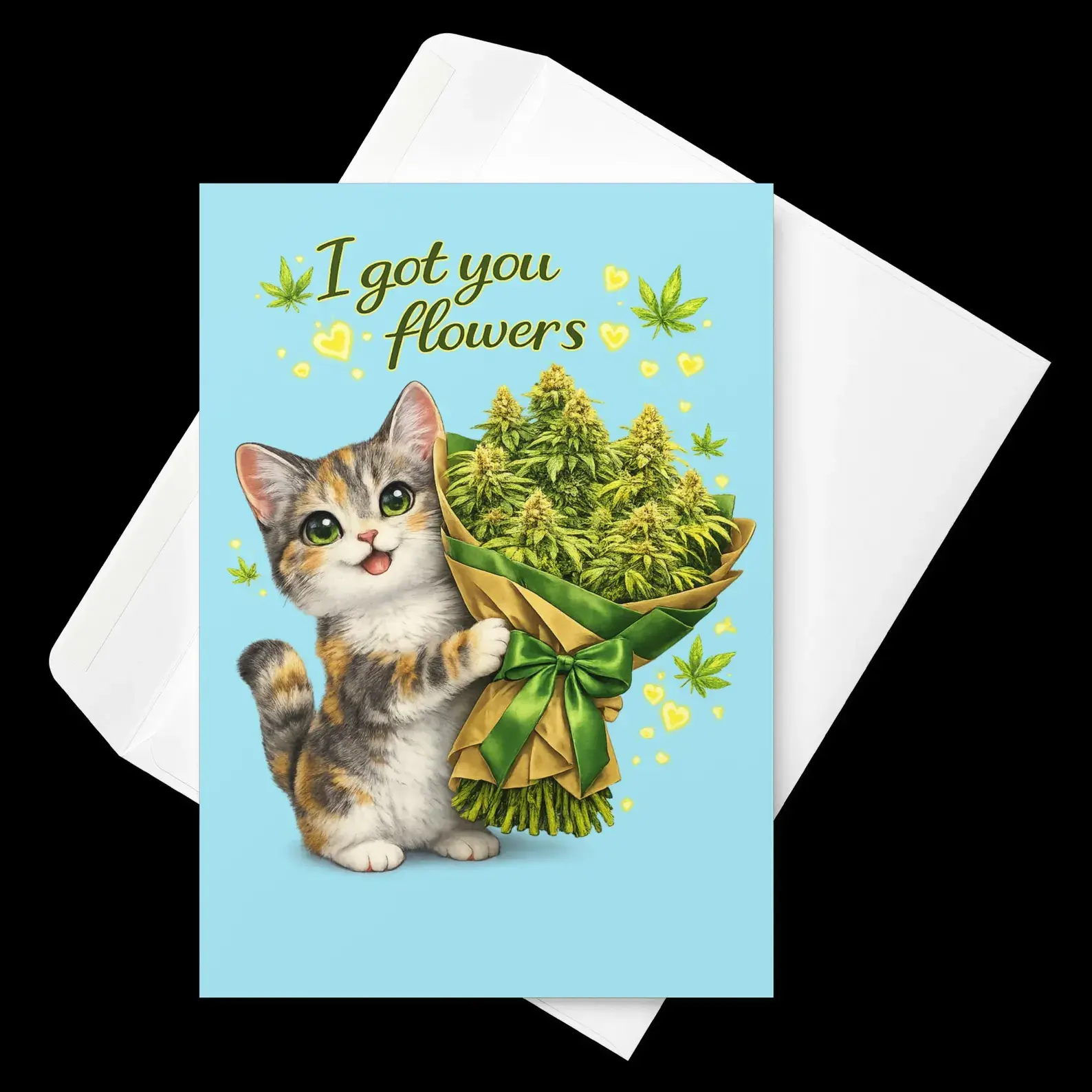 Funny Cute Cat 420 Valentine Card | Kawaii Cat “I Got You Flowers” Card | Valentine’s Day Greeting Card for Girlfriend, Boyfriend, Cat Lover