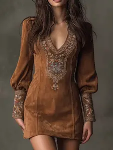 Women Contoure Embroidered V-Neck Mini Dress – Elegant Long Sleeve NONE Argie Noir