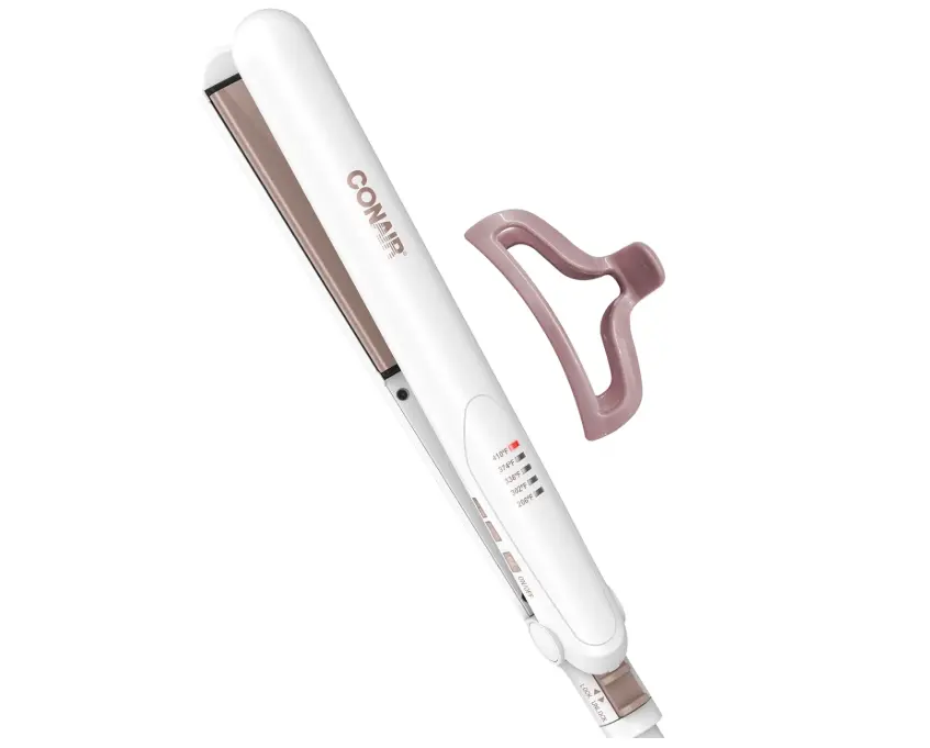 Conair Hair Straightener, Double Ceramic, 1" Extra-Long Plates | Double ceramic hair straightener for all hair types with 5 heat settings to 410°F, 30-second heat up & a claw clip