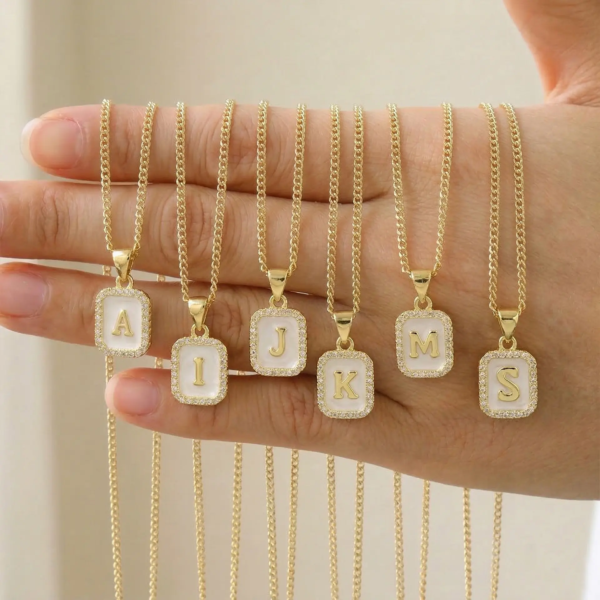 Rexviao Elegant Square Enamel Initial Necklace for Women | Pendant Border Pavé-Set with Cubic Zirconia | Ideal Jewelry for Daily Commuting and Gatherings with Friends | Gift for Best Friends