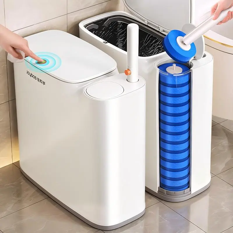 Joybos Multifunctional 2-in-1 Space-Saving Bathroom Trash Can with Toilet Brush Refill Option, Slim Shape Waterproof ABS Bin with Lid, Disposable Wand System & Removable Inner Trash Can for Powder Room, RV,home essentials