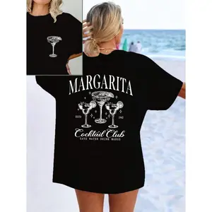 Flirla Plus Size Loose Margarita Print Long Sleeve T-Shirt Graphic Tees For Women Spring Summer Fashion