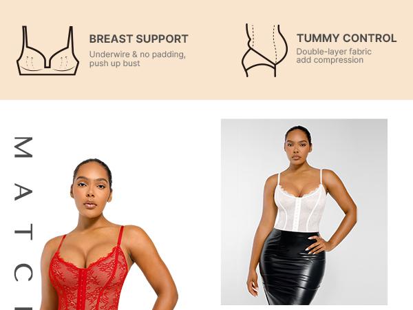 Shapellx Lace Glamour Thong Hourglass Bodysuit Tummy bridle Front Button Design Tops Comfort Shapewear for Women Sleeveless Skinny Slim Womenswear