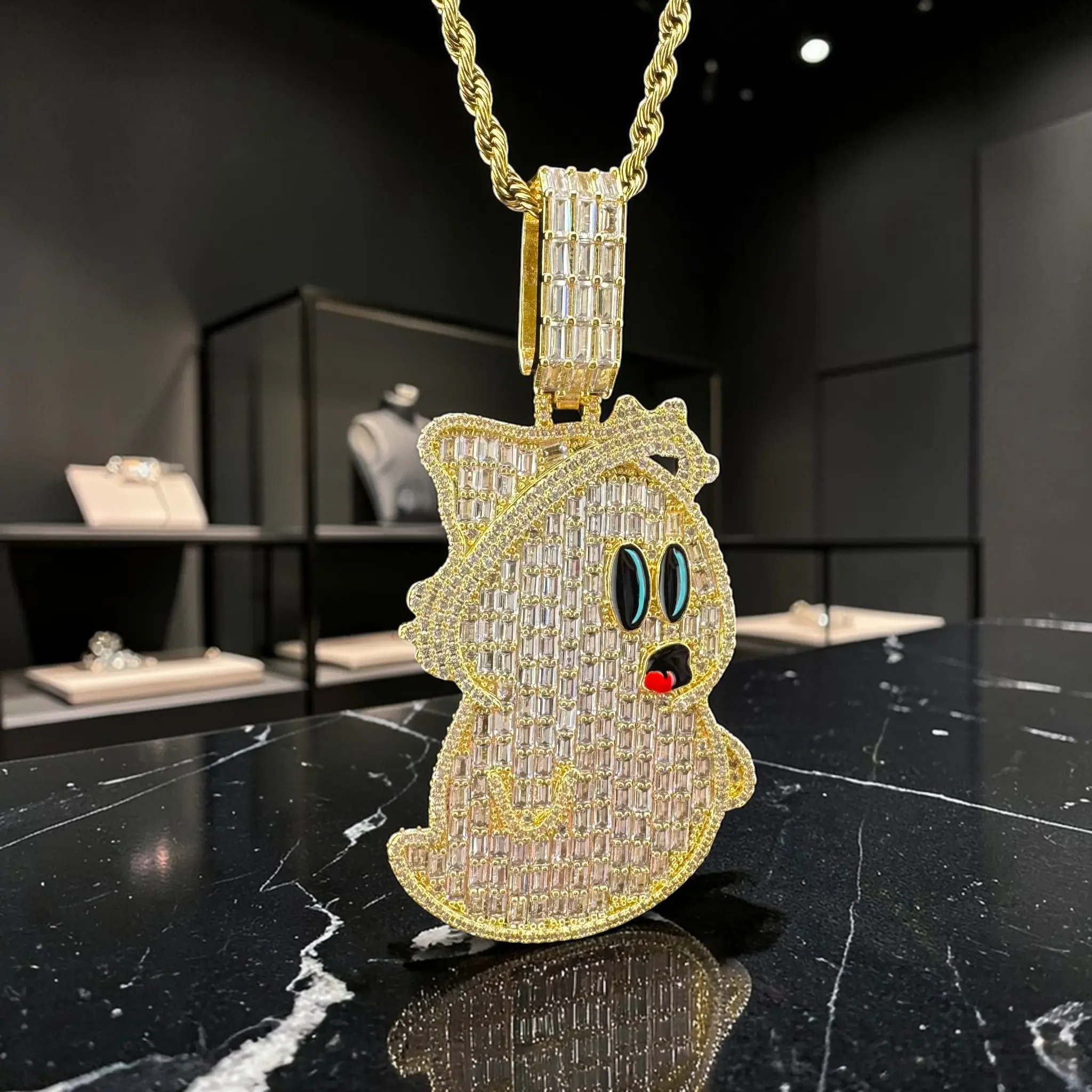 Iced Out Ghost Pendant  | CZ Diamond Look | 14K White Gold Plated | 12” Chain
