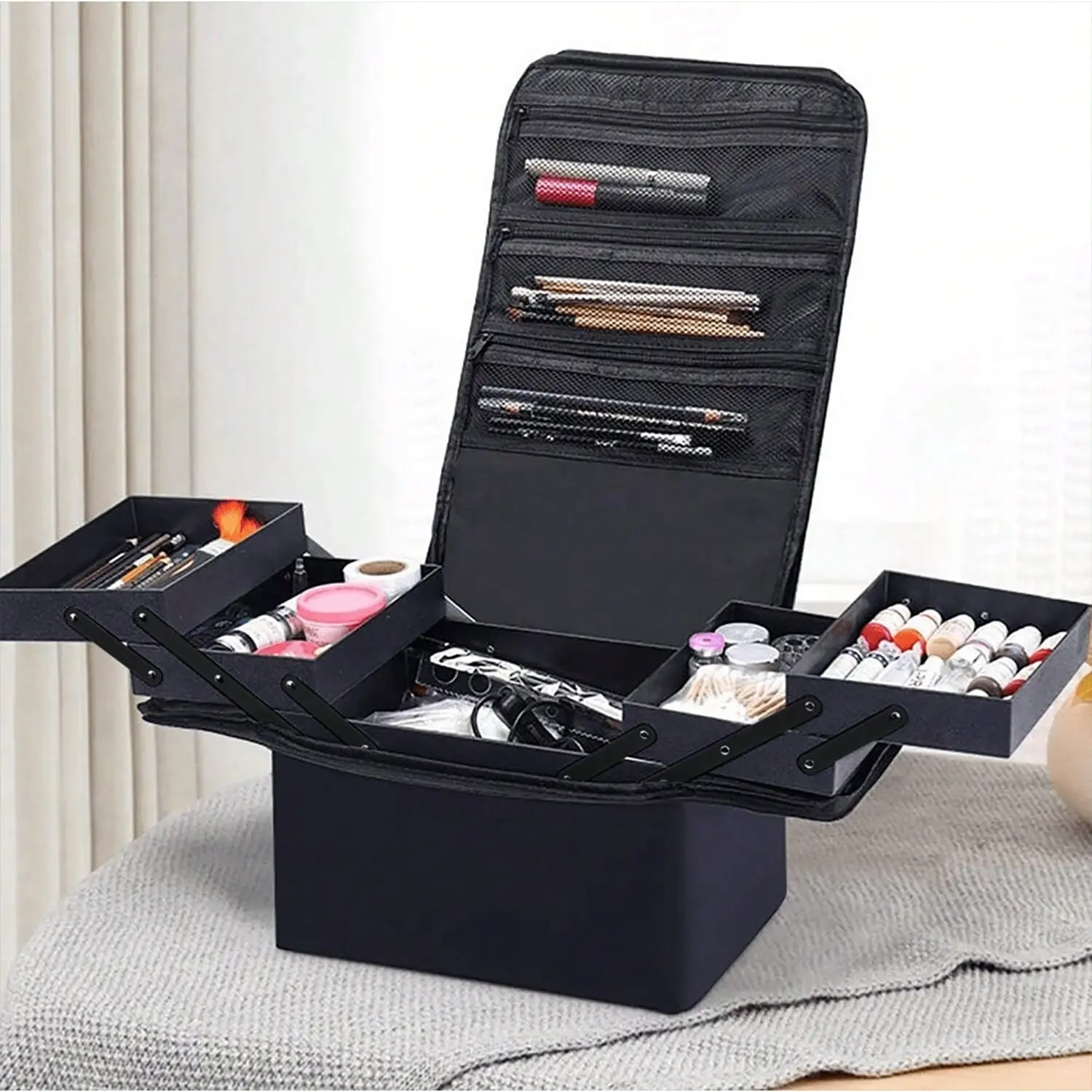 Grande valigetta per trucchi, valigetta organizer professionale con 4 vassoi per kit di unghie e strumenti di bellezza come spazzole, trousse per trucco, borsa organizer per trucco da viaggio con cinghia regolabile, borsa per cosmetici tiktokshopspringglo