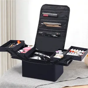 Grande valigetta per trucchi, valigetta organizer professionale con 4 vassoi per kit di unghie e strumenti di bellezza come spazzole, trousse per trucco, borsa organizer per trucco da viaggio con cinghia regolabile, borsa per cosmetici