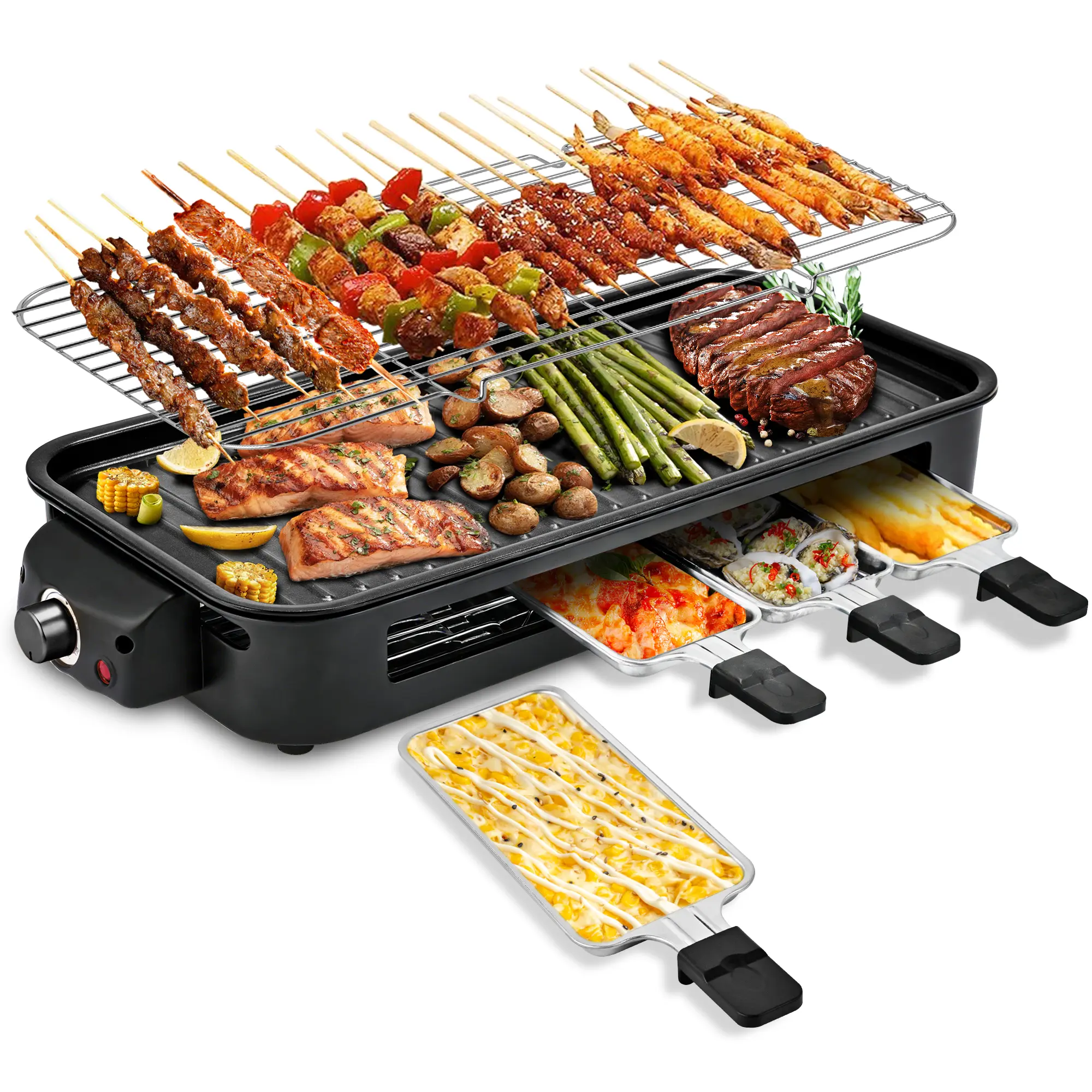 Pukomc Corded 2-in-1 Electric Indoor Nonstick Grill & Pan - 1800W Smokeless, Temperature Control, Removable Non-Stick Plate, Grill Net, Dishwasher Safe Compact Kitchen Appliance for Couples, Healthy Meals, Family Fun, Kitchen Supplies