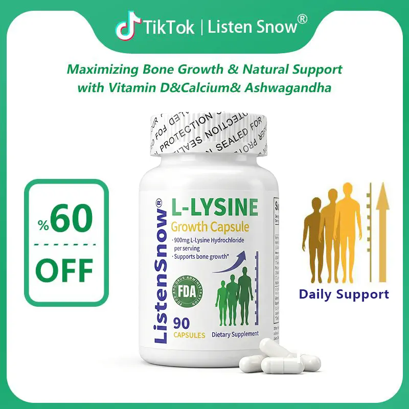 Growth Capsules L-LYSINE Height Increase Maximizer with Calcium for Bone Strength -Natural Get Taller Supplement