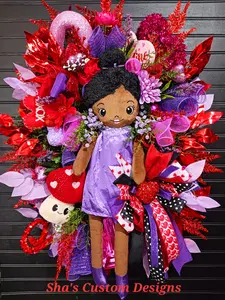 Emily Rose Valentines Wreath - Romantic Decor with Fuchsia Pink Purple Red Mesh Glitter Hearts Pink Gem Ornament Lush Greenery Floral Accents Playful Curly Sprays 18x28x8 Inch Wreath with Sidekick Mushroom