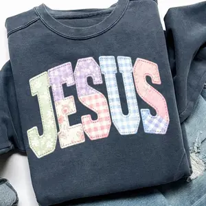 PRINT Jesus Faux Quilted Religious T-shirt, Faux PRINT Christian Crewneck Sweatshirt, Varsity Preppy Cottagecore, Mom Life Hoodie, Trendy Faith-Based Apparel Grace, Bible Verse Gift, Vintage Graphic Streetwear