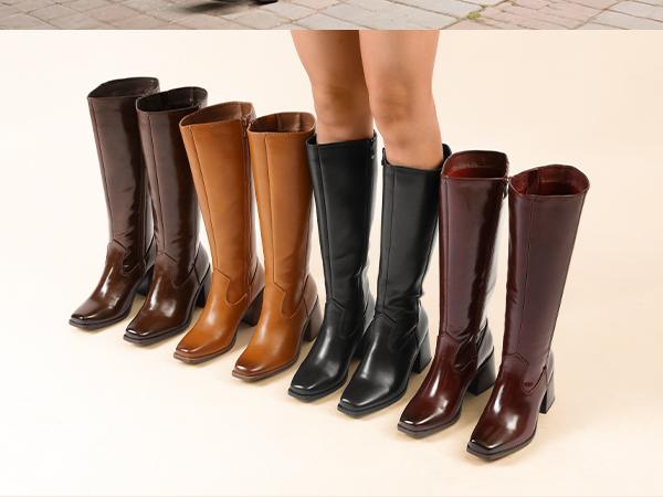 DREAM PAIRS Women's Knee High Boots Chunky Heel Square Toe Tall Boot for Women with Side Zipper