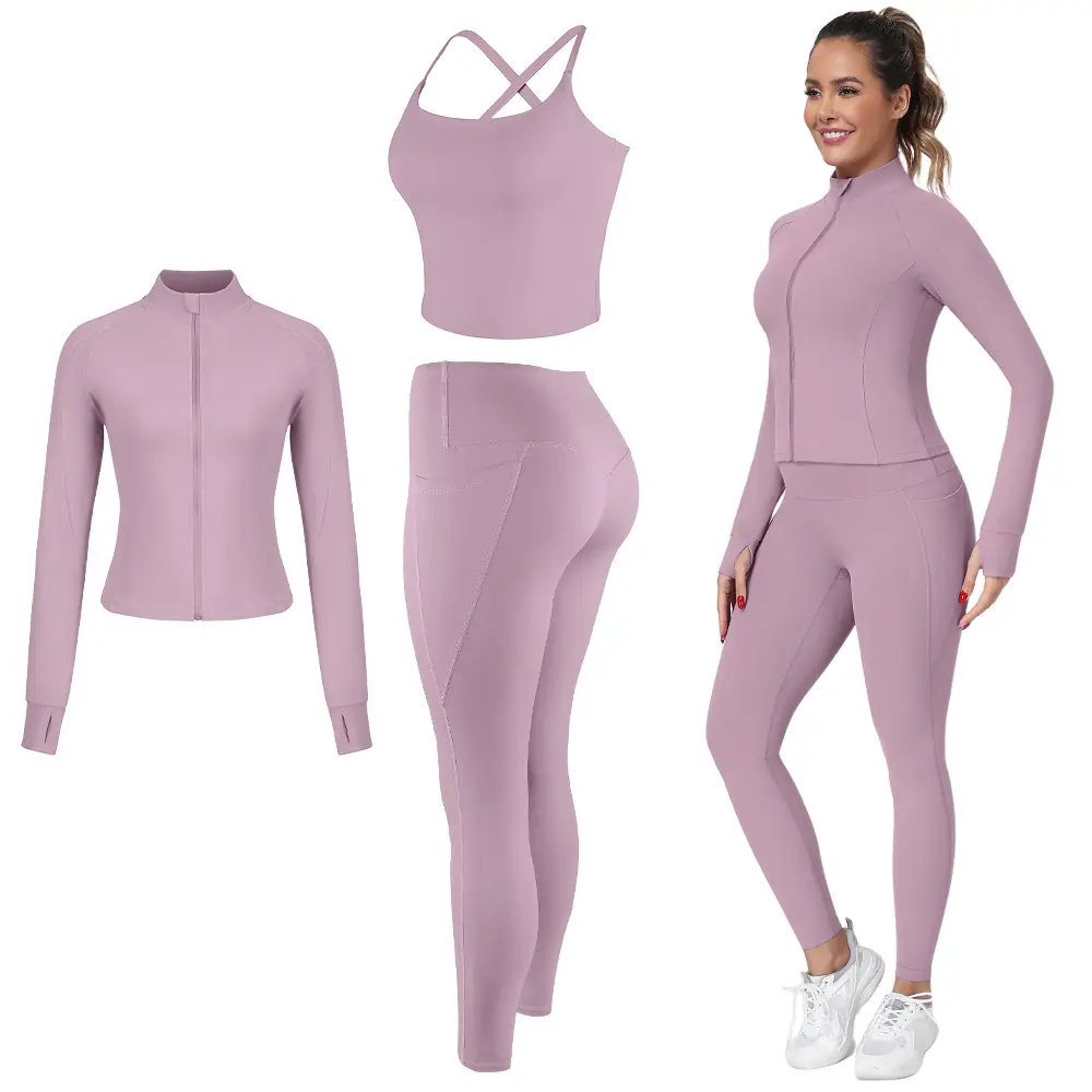 【FREE 3-DAY SHIPPING】CRAZY YOGA 2/3/4-Piece Workout Set S-2XL - Longline Sports Bra + Side Pockets Leggings/Shorts + Full Concealed Zip Jacket with Collar Shield – Women’s Yoga Outfit Activewear for Gym Running Training Lightweight Compression Sportswear