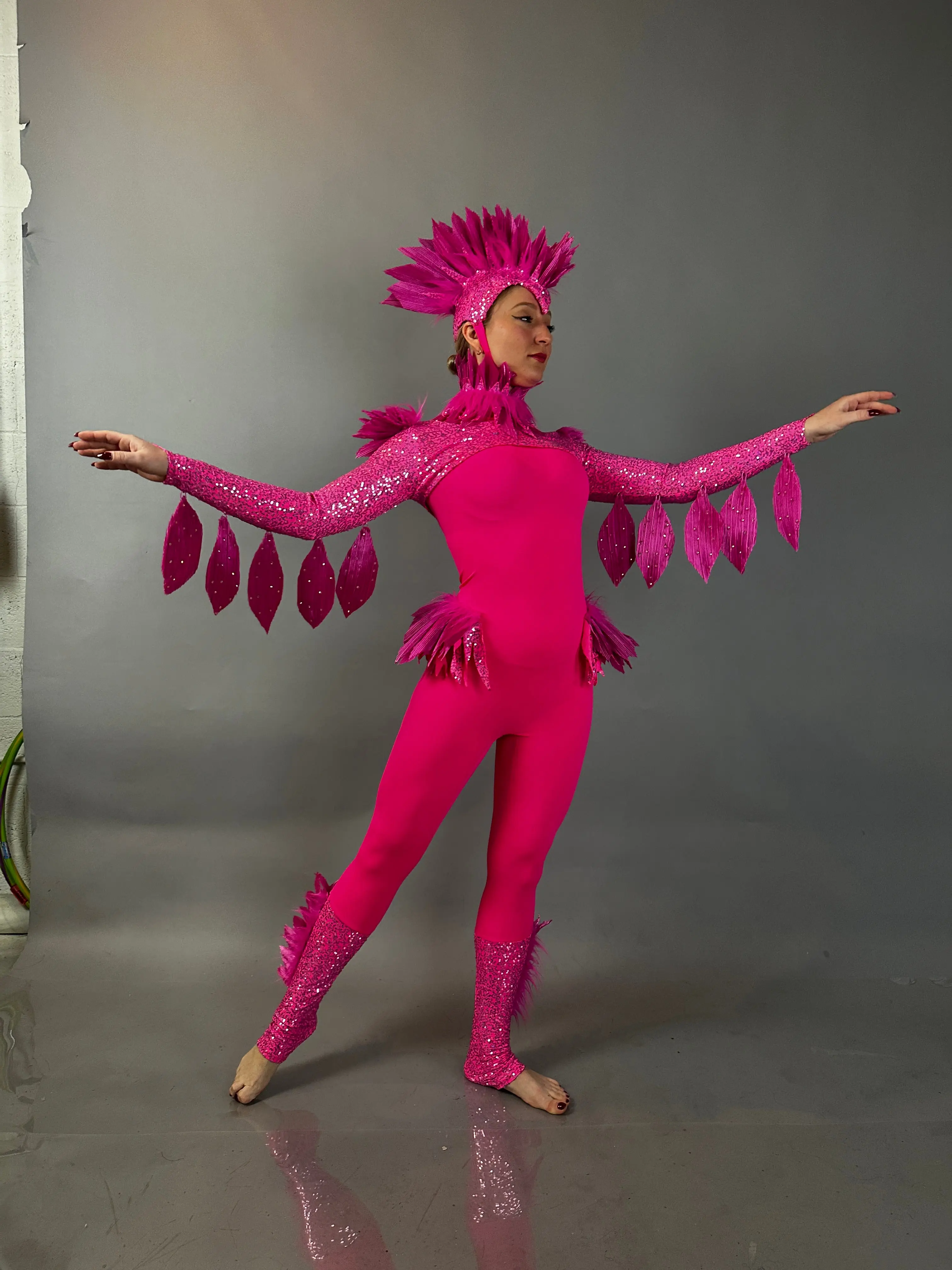 Women's Pink Bird Sequin-Wing Spandex Jumpsuit - Theatrical Costume, Aerial Gymnastics Dancewear, Costume Accessories, Lady, Hip, Statement, Clothes, Zipper, Fabric, Long Sleeves