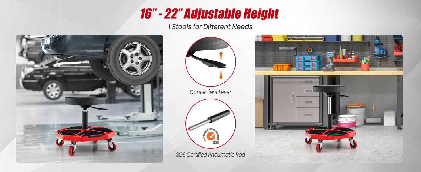 COSTWAY Garage Stool, Rolling Mechanic Stool with 16”-22” Adjustable Height, Universal Wheels, Removable Magnetic Tool Tray, 2” Thick Padded Cushion, 330LBS Capacity, Roller Creeper Seat, Shop Chair