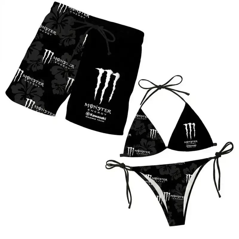 Monster Black Tropical Hibiscus Couples Matching Swimwear Set – Women's Triangle String Bikini & Men's Board Shorts, Summer Vacation Beach Outfit Gift