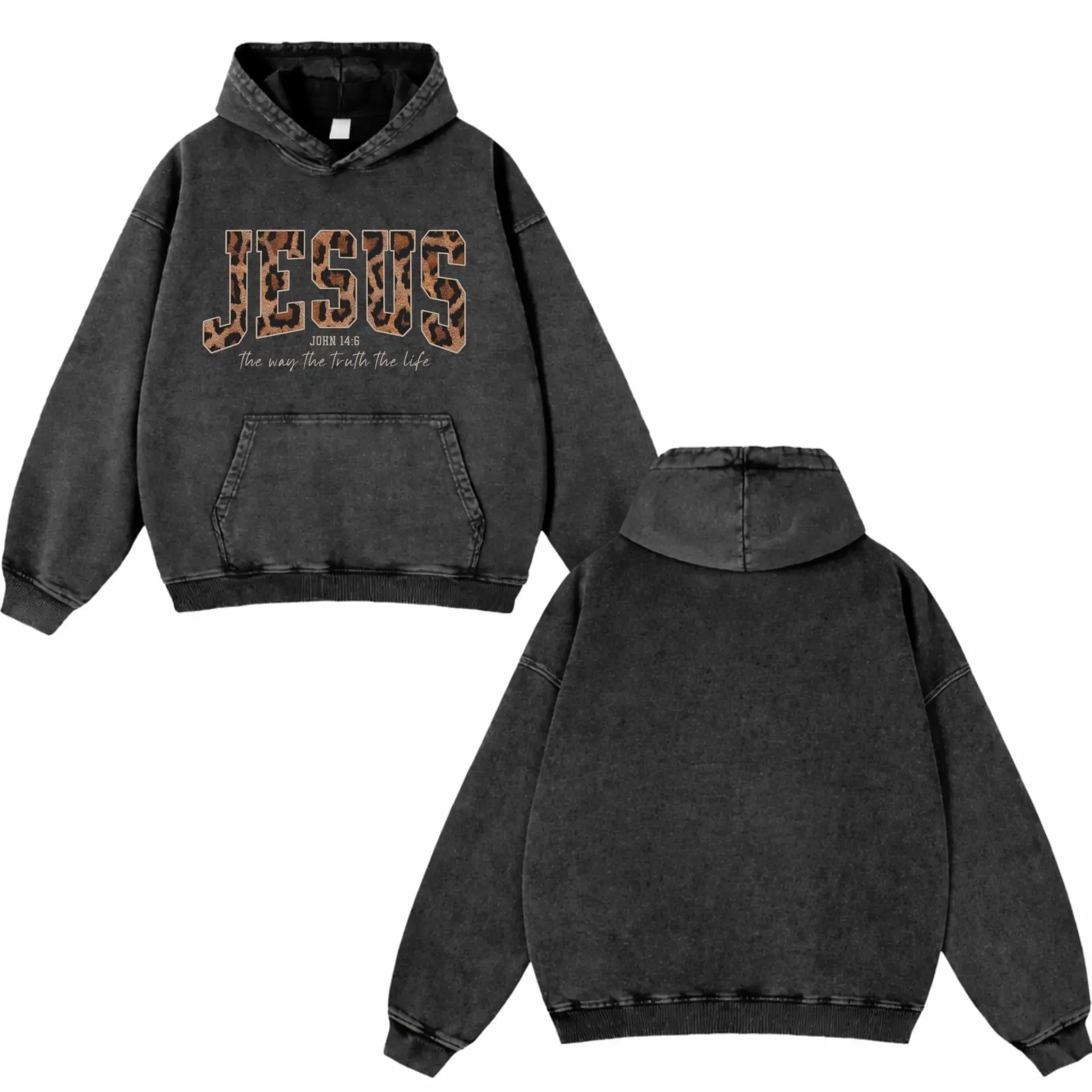 [Leopard Version] Jesus The Way The Truth The Life Washed Hoodie, Christian Apparel, Oversized Menswear And Women Menswear Tops, Gym Pump Cover, Hip Hop Y2K Graphic Apparel, Gift for Fans