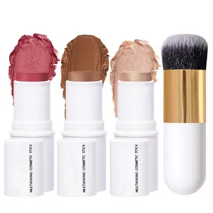 Face Sticks Trio, Cream Blush Stick & Highlighter Stick & Contour Stick for Sculpt the Cheeks, Long Lasting Cream Contour Stick Trio for Face Makeup, with Brush
