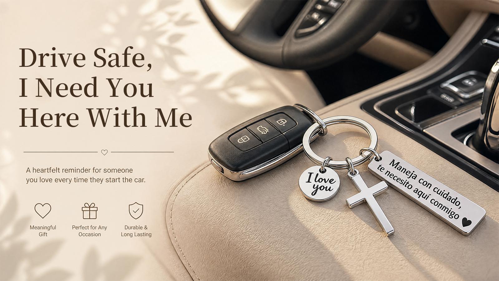Maneja Con Cuidado Te Necesito Aquí Conmigo Keychain with Cross & "I Love You" Charm, Spanish Drive Safe Stainless Steel Keyring, Romantic Religious Gift for Him/Her Adjustable Heart Rate Couples Bracelet Set Rotating Retractable Reading Badge Holder Maneja Con Cuidado Te Necesito Aquí Conmigo Keychain with Cross & "I Love You" Charm, Spanish Drive Safe Stainless Steel Keyring, Romantic Religious Gift for Him/Her Adjustable Heart Rate Couples Bracelet Set Rotating Retractable Reading Badge Holder